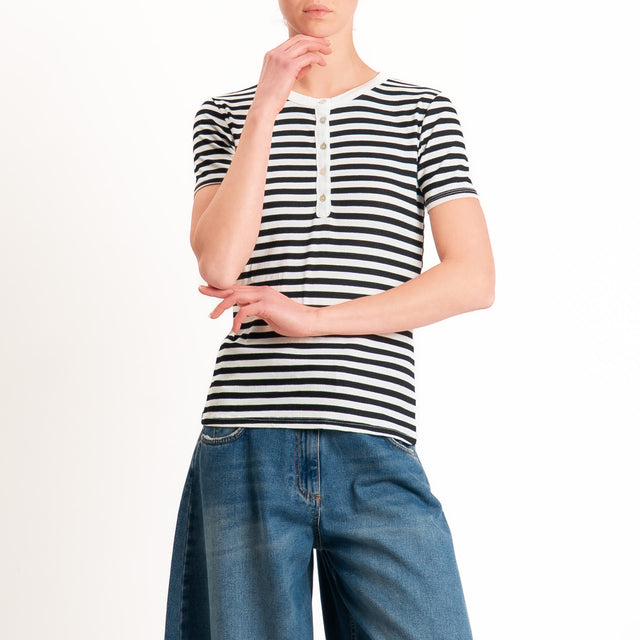 Tensione in-T-shirt righe serafino a costine - panna/nero