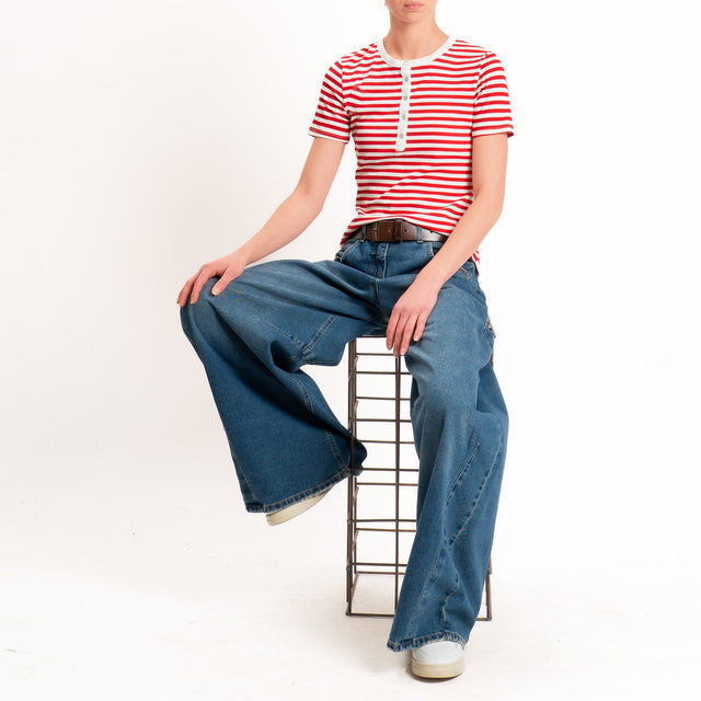 Tensione in-T-shirt righe serafino a costine - panna/rosso