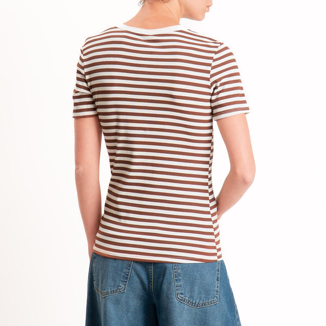 Tensione in-T-shirt righe serafino a costine - panna/tabacco