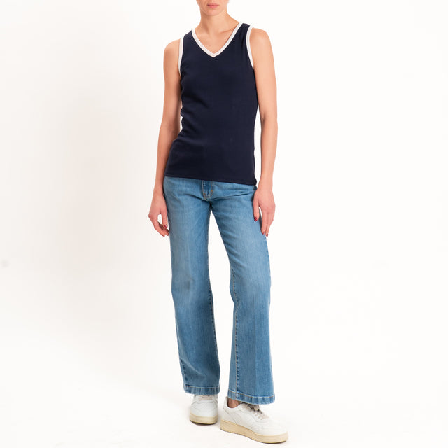 Tensione in-Top a costine bordi contrasto - Blu/bianco