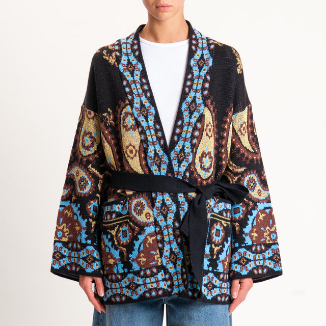 Tensione in-Cardigan misto alpaca stampa cashmere - nero/azzurro/oro