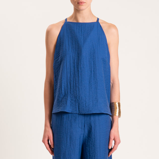 Tensione in-Completo top e bermuda misto lino tessuto goffrato - blu