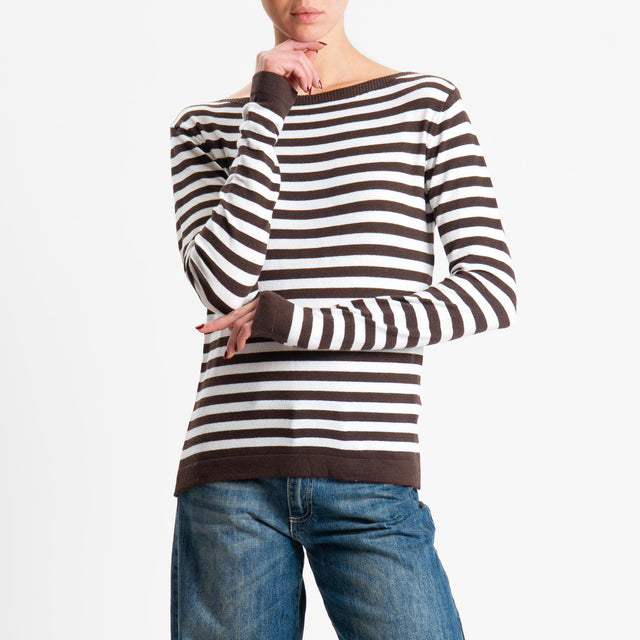 Tensione in-Maglia righe scollo barca - moro/latte