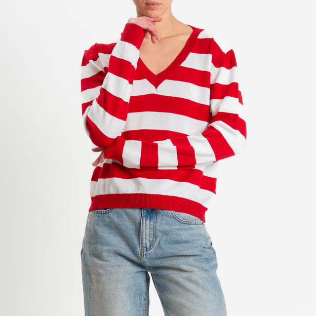 Tensione in-Maglia scollo v a righe - rosso/bianco