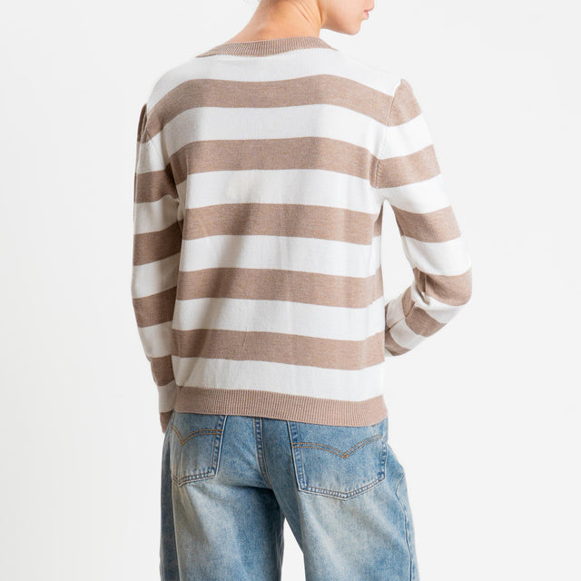 Tensione in-Maglia scollo v a righe - sabbia/bianco
