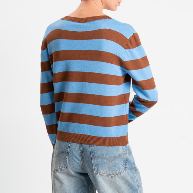 Tensione in-Maglia scollo v a righe - cuoio/celeste