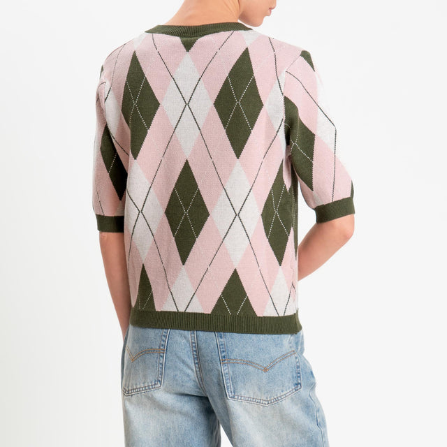 Tensione in-Maglia argyle manica corta viscosa soft - militare/rosa/burro