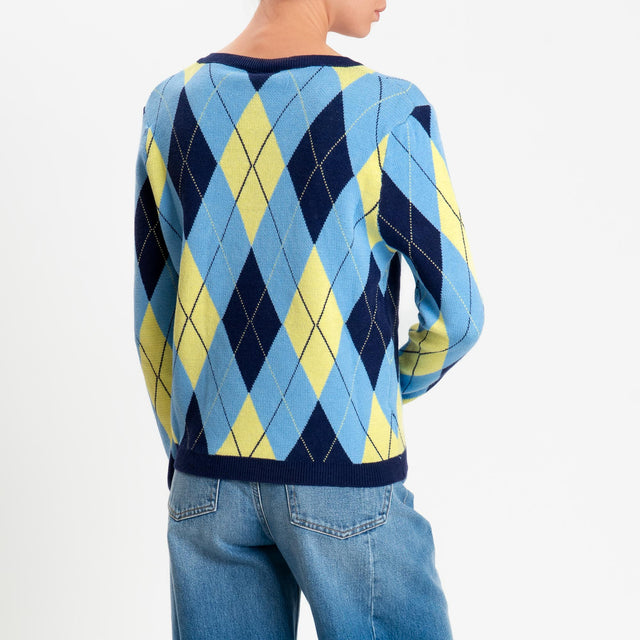 Tensione in-Maglia argyle scollo a v viscosa soft - blu/azzurro/giallo