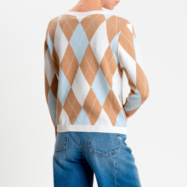 Tensione in-Maglia argyle scollo a v viscosa soft - burro/camel/celeste