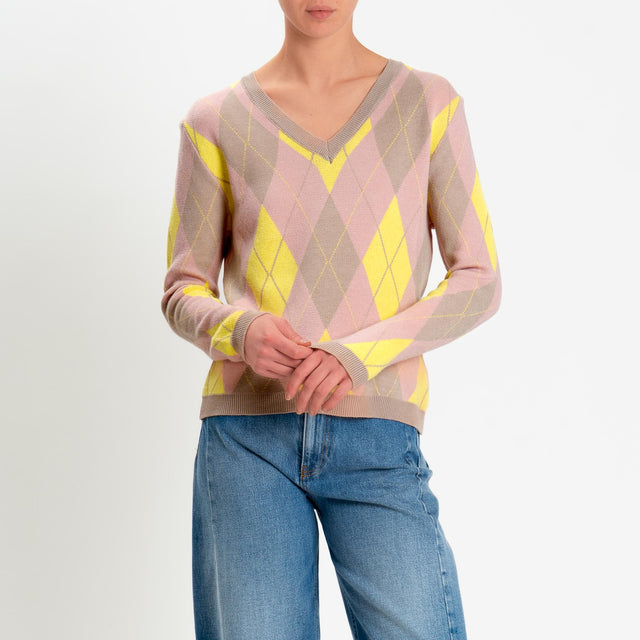 Tensione in-Maglia argyle scollo a v viscosa soft - sabbia/rosa/giallo