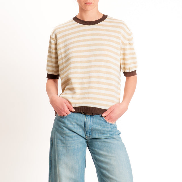 Tensione in-Maglia righe mezza manica - moro/latte/beige
