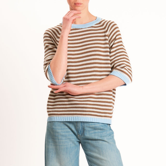 Tensione in-Maglia a righe manica 3/4 - celeste/latte/moro