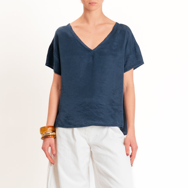 Tensione in-Blusa scollo v in cupro - blu