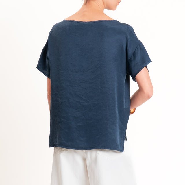Tensione in-Blusa scollo v in cupro - blu