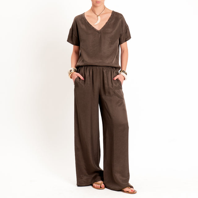 Tensione in-Blusa scollo v in cupro - choco