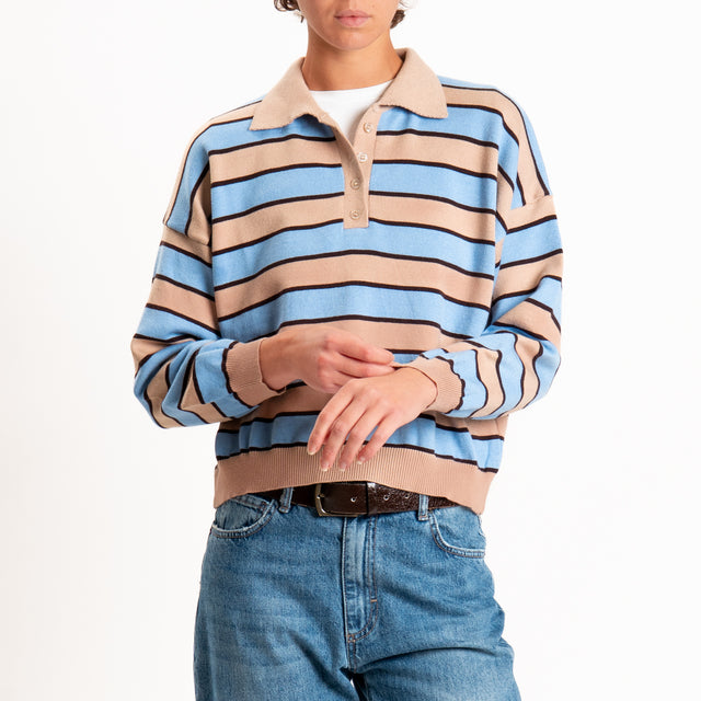 Tensione in-maglia polo a righe - cammello/moro/celeste