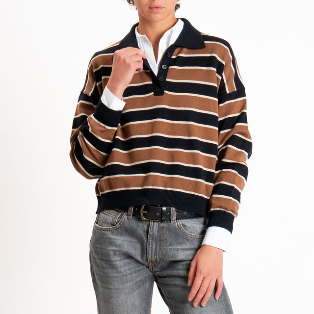 Tensione in-maglia polo a righe - nero/sand/tabacco
