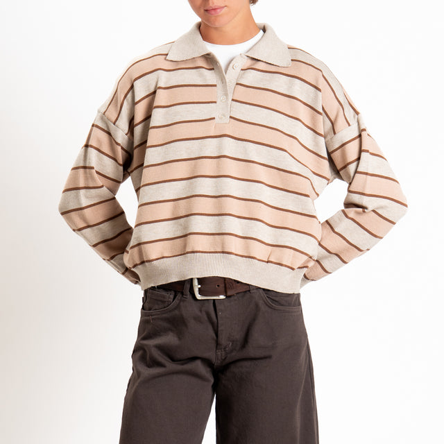 Tensione in-maglia polo a righe - sand/tabacco/cammello