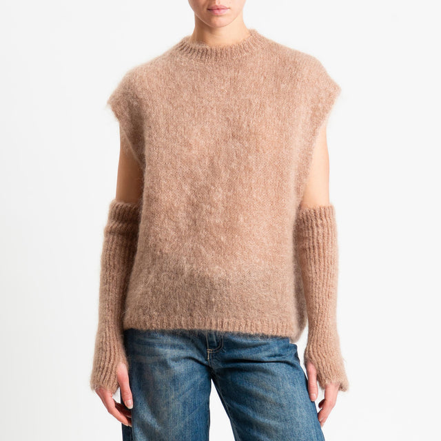 Tensione in-Maglia smanicata kid mohair soft con manicotti - camel