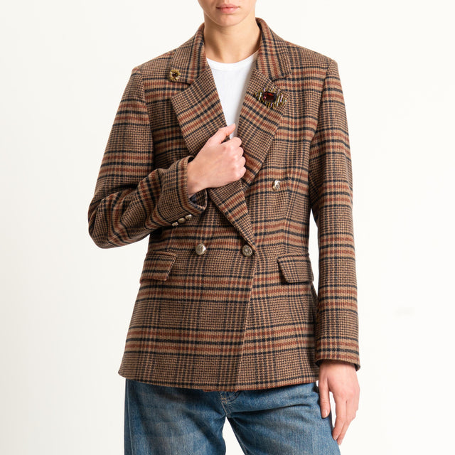 Tensione in-Giacca check doppiopetto misto lana - beige/coccio/nero