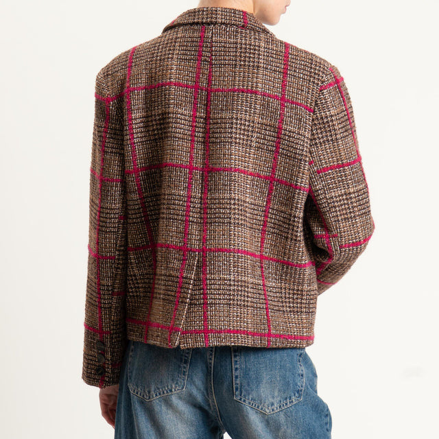 Tensione in-Giacca check misto lana con spilla - cioccolato/fucsia