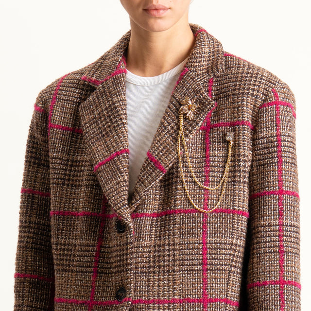 Tensione in-Giacca check misto lana con spilla - cioccolato/fucsia