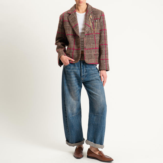 Tensione in-Giacca check misto lana con spilla - cioccolato/fucsia