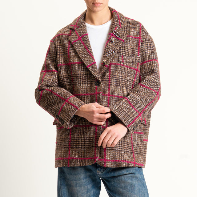 Tensione in-Giacca check misto lana con spille - cioccolato/fucsia