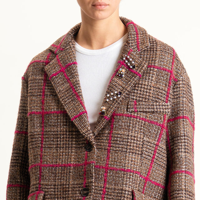 Tensione in-Giacca check misto lana con spille - cioccolato/fucsia