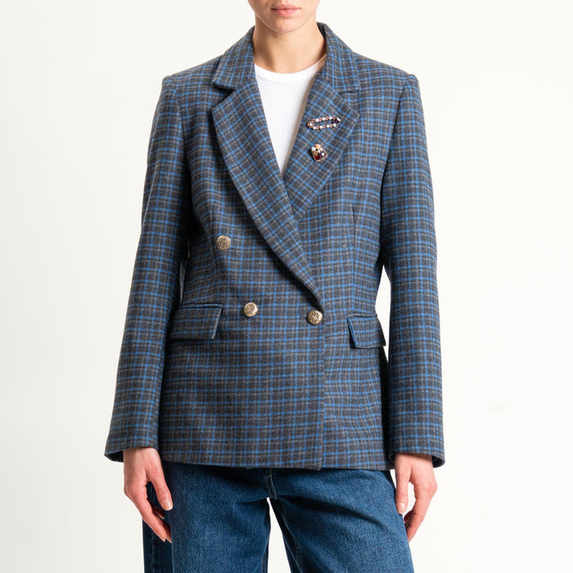 Tensione in- Giacca quadri doppiopetto con spille - grigio/azzurro