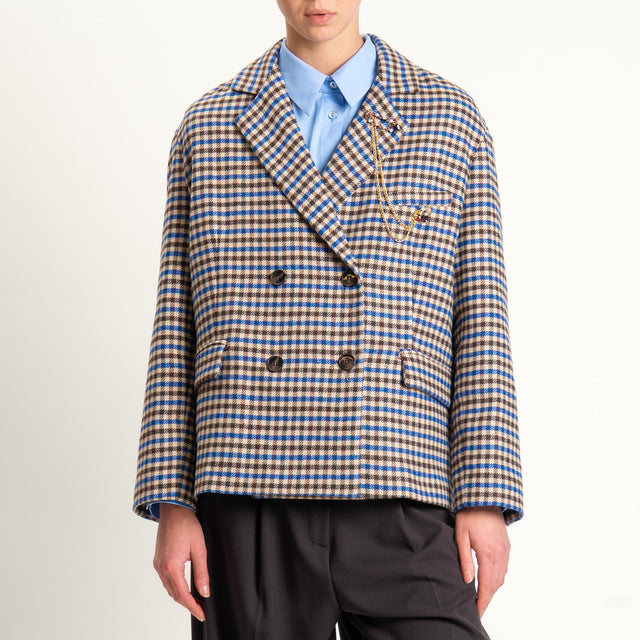 Tensione in- Giacca doppiopetto quadri misto lana - beige/royal/moro