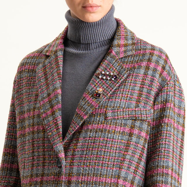Tensione in-Giacca quadri misto lana spacchi laterali - grigio/fucsia