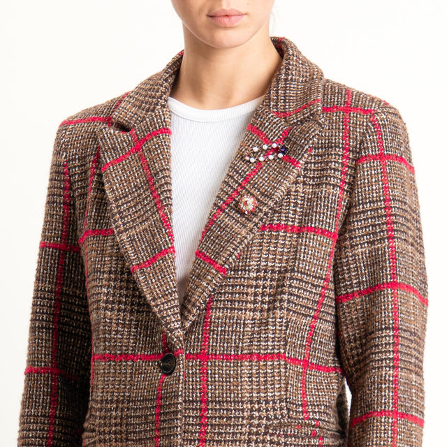 Tensione in-Giacca quadri misto lana con spille - moro/fucsia