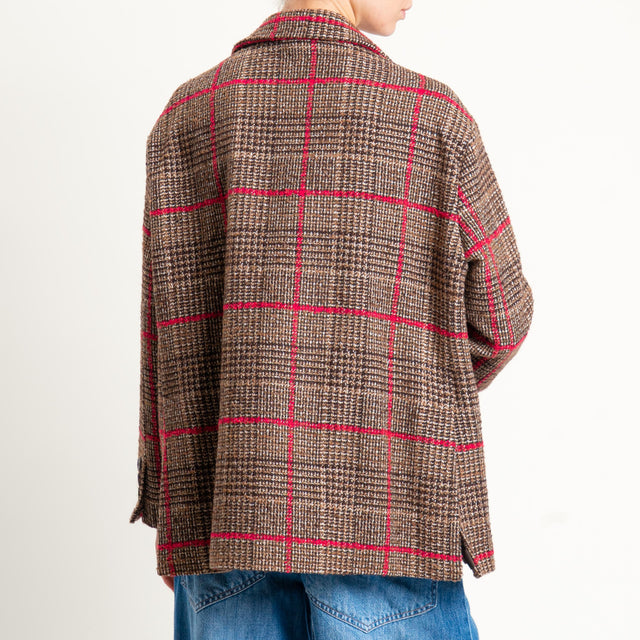 Tensione in-Giacca quadri misto lana spacchi laterali - moro/fucsia