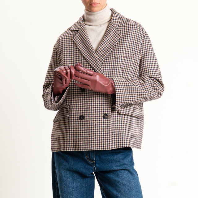 Tensione in-Giacca pied de poule con guanti similpelle vino - beige/moro/vino