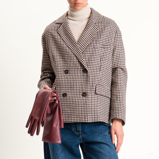 Tensione in-Giacca pied de poule con guanti similpelle vino - beige/moro/vino