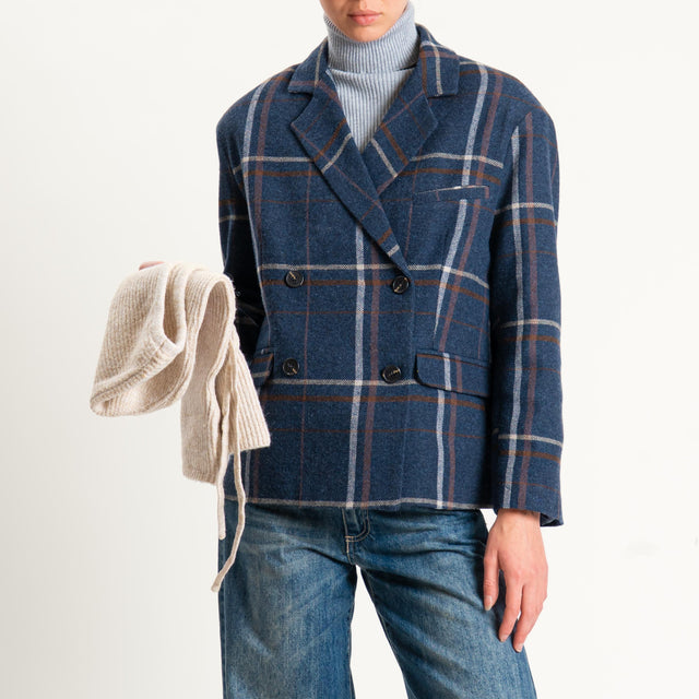 Tensione in-Giacca check misto lana con balaclava - blu/cuoio/latte/casha