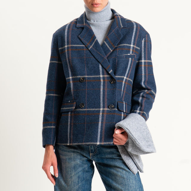 Tensione in-Giacca check misto lana con balaclava - blu/cuoio/latte/grigio