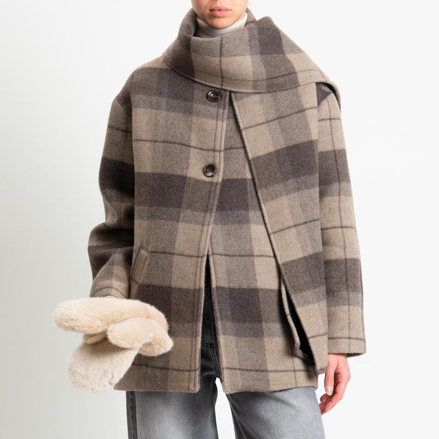 Tensione in-Cappotto check misto lana con sciarpa - moro/taupe/burro
