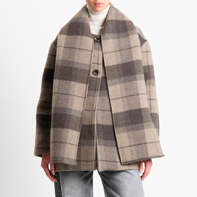 Tensione in-Cappotto check misto lana con sciarpa - moro/taupe/burro