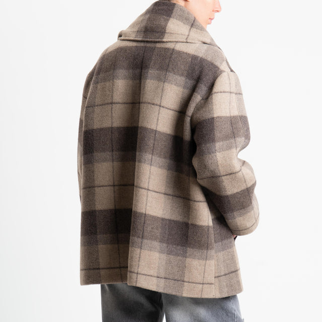Tensione in-Cappotto check misto lana con sciarpa - moro/taupe/burro