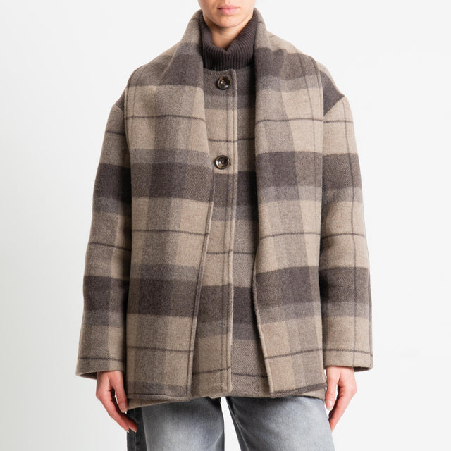 Tensione in-Cappotto check misto lana con sciarpa - moro/taupe/moro