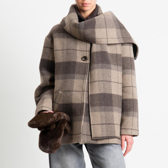 Tensione in-Cappotto check misto lana con sciarpa - moro/taupe/moro