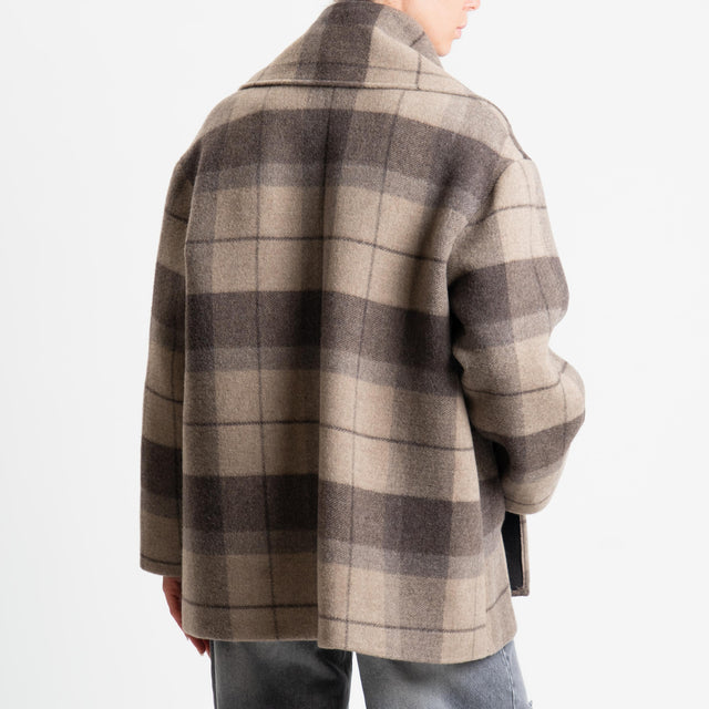 Tensione in-Cappotto check misto lana con sciarpa - moro/taupe/moro