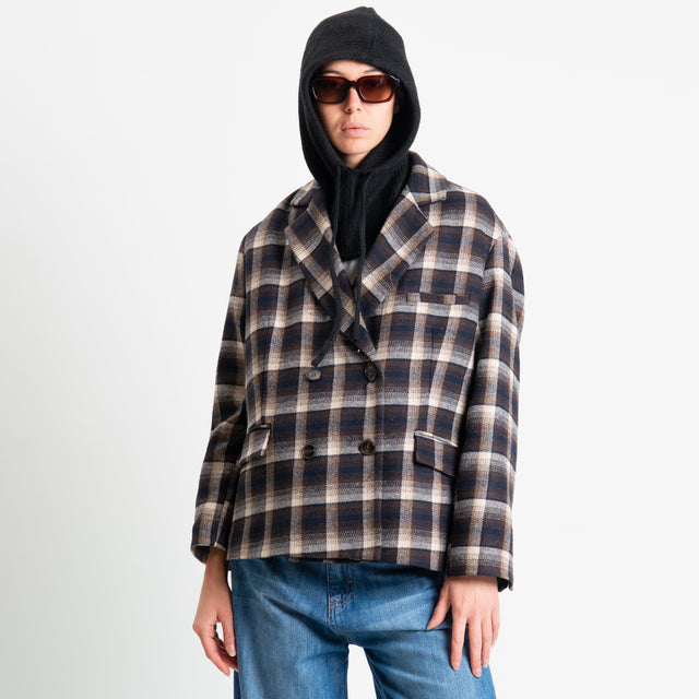 Tensione in-Giacca check misto lana con balaclava - blu/moro/beige/nero