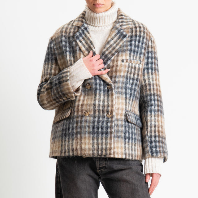 Tensione in-Giacca quadri doppiopetto misto alpaca - panna/beige/nero