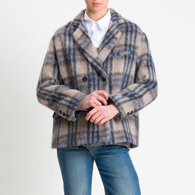 Tensione in-Giacca check doppiopetto misto alpaca - tortora/azzurro/nero