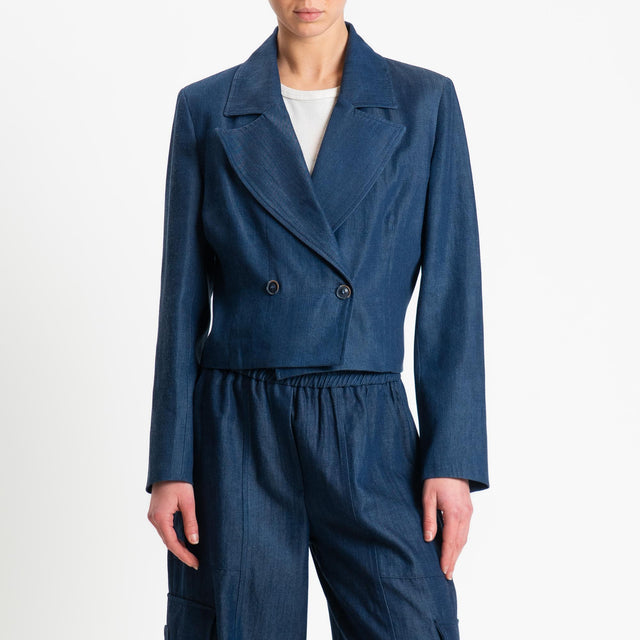 Tensione in-Giacca crop doppiopetto chambray - dark denim
