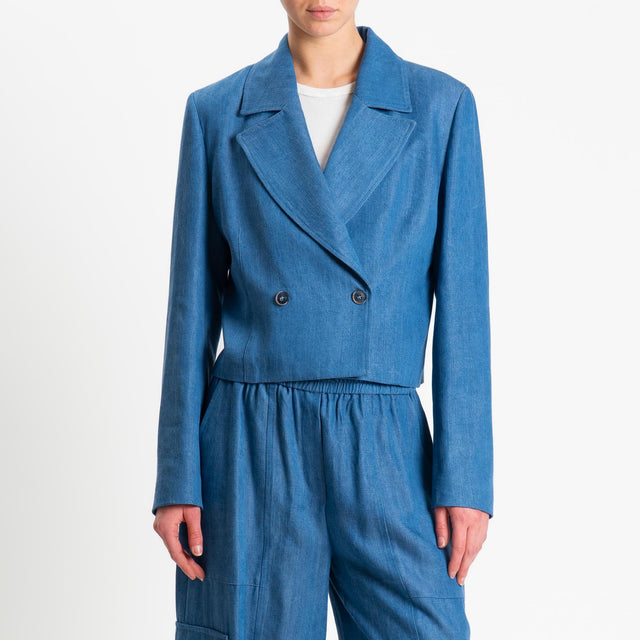 Tensione in-Giacca crop doppiopetto chambray - light denim