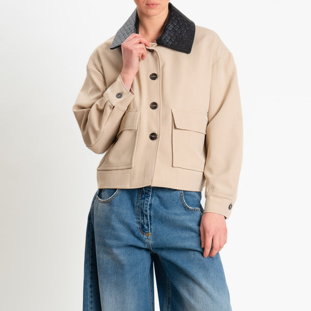 Tensione in-Giacca tessuto fluido collo removibile in similpelle - sabbia/nero